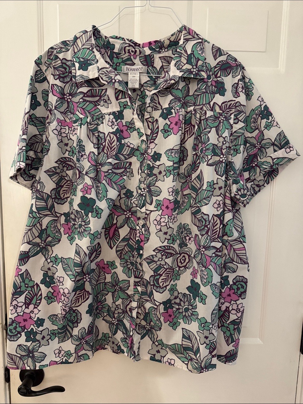 Roaman's short sleeve Floral Button-front blouse white Teal, grey & Pink Sz 28W